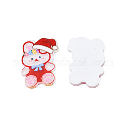 Printed Acrylic Cabochons, with Glitter Powder, Christmas Style, Rabbit, Red, 22.5x16x2mm