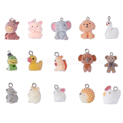15Pcs 15 Styles Flocky Opaque Resin Pendants, with Platinum Plated Iron Loops, Animal Charm, Elephant & Mouse & Swan & Hedgehog & Dog, Mixed Shapes, Mixed Color, 18~36x14~33x8~24mm, Hole: 2.5~3mm, 1pc/style