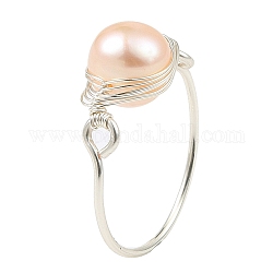 Кольцо на палец с плетеной бусиной из натурального жемчуга, Женское серебряное кольцо из медной проволоки, розовые, внутренний диаметр: 18.8 мм