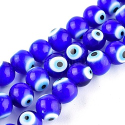 Chapelets de perle rondes au mauvais œil manuelles, bleu moyen, 10mm, Trou: 1mm, Environ 39 pcs/chapelet, 14.96 pouce
