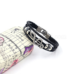 Bracelet multi-rangs triple couche tressé en cuir de vachette, Bracelet de perles en alliage de note de musique pour hommes femmes, noir, 8-1/4 pouce (21 cm)