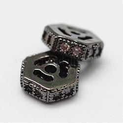 Perles de zircone cubique micro pave en Laiton, hexagone, sans plomb et sans nickel, gunmetal, 6x5.5x2mm, Trou: 0.8mm