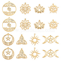 SUNNYCLUE 16Pcs 8 Style 304 Stainless Steel Pendants, Mixed Shapes, Real 18K Gold Plated, 19~27x24~35x1~2mm, Hole: 1.2~1.5mm, 2pcs/style