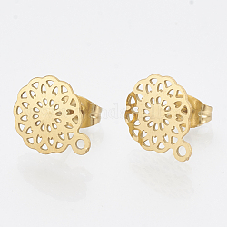 304 Stainless Steel Stud Earring Findings, with Loop, Flower, Golden, 13x10.5mm, Hole: 1mm, pin: 0.7mm