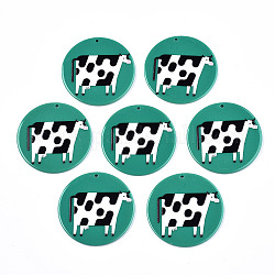 Ciondoli acrilico, 3d stampato, rotondo piatto con motivo a bovini da latte, verde e bianco e nero, 45x2.5mm, Foro: 1.8 mm