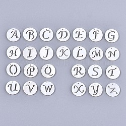Natural Freshwater Shell Charms, Flat Round with Hollow Out Letter, Random Mixed Letters, 14.5x1.5mm, Hole: 0.9mm
