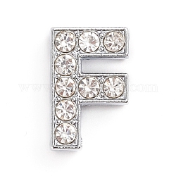 Charms silde in lega, con rhinestone di cristallo, per la creazione di gioielli fai da te, lettera, platino, letter.f, 14x9x5mm, Foro: 2x11 mm