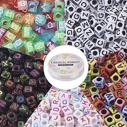 Kits de bracelet extensible en perles de cube de 6 mm pour la journée des enfants, y compris 1400pcs perles de lettres acryliques, 2 rouleau de fil de cristal élastique, couleur mixte, 5.5~6x5.5~6x5.5~6mm, Trou: 3~3.5mm
