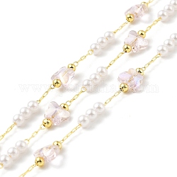 Handmade Eco-friendly Brass Cable Chain, with Glass & CCB Butterfly & Imitation Pearl Beaded, Long-Lasting Plated, Golden, Soldered, with Spool, Pink, 6x8x2mm