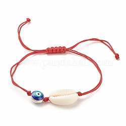 Acrylic Shell & Enamel Evil Eye Braided Bead Bracelet, Adjustable Bracelet for Women, Red, Inner Diameter: 1/2~3-1/2 inch(1.4~8.8cm)