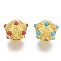 Brass Beads, with Resin, Rondelle, Matte Style, Matte Gold Color, Mixed Color, 9x12x12mm, Hole: 3mm