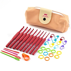 Kits de herramientas para tejer diy, incluyendo gancho y aguja de crochet, marcador de punto, soporte para el dedo, bolsa de almacenamiento con cremallera, peachpuff, tamaño del paquete: 210x100x30 mm