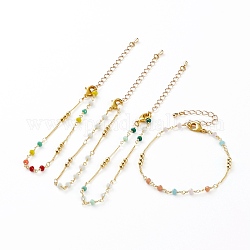 Bracelets de perles de verre à facettes, avec des perles en laiton et des fermoirs à pince de homard, ronde, véritable 18k plaqué or, couleur mixte, 7-1/4 pouce (18.3 cm)