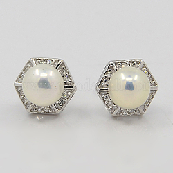 Sterling Silver Pearl Ear Studs, with Micro Pave Cubic Zirconia, Hexagon, White, 9.5x10.5x8mm