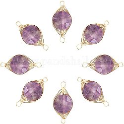 ARRICRAFT Natural Amethyst Links connectors, Wire Wrapped Links, with Golden Tone Brass Wires, Faceted, Flat Round, 17~21x9~11x5~7mm, Hole: 1.2~1.5mm, 6pcs/box