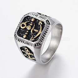 304 anillos de sello de acero inoxidable para hombre., anillos de dedo de ancho de banda, cuadrado con ancla, plata antigua y oro antiguo, nosotros tamaño 8~13, 18~23mm