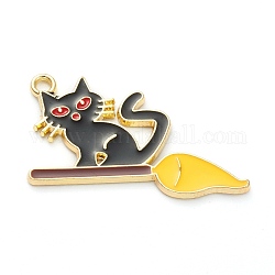 Pendente smaltati in lega, accessorio dei monili, oro chiaro, tema di Halloween, forma di gatto, nero, 21.5x34x1.5mm, Foro: 2 mm