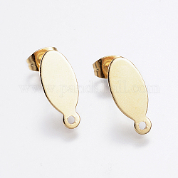 304 Stainless Steel Stud Earring Findings, with Flat Plate, Oval, Golden, 16x7x0.8mm, Pin: 0.8mm