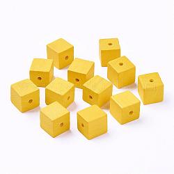 Natural Wood Beads, Dyed, Cube, Yellow, 14~15x14~15x14~15mm, Hole: 3mm