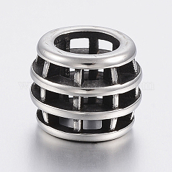 304 Stainless Steel Beads, Large Hole Beads, Hollow Rondelle, Antique Silver, 12.5x10mm, Hole: 7.5mm