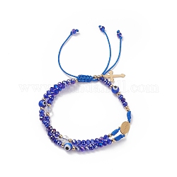 Lampwork Evil Eye & Glass Braided Bead Bracelet, 304 Stainless Steel Virgin Mary Link Double Layer Bracelet for Women, Royal Blue, Inner Diameter: 2-1/4~3-1/4 inch(5.8~8.3cm)