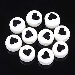Manuell Porzellan Perlen, flach rund mit Herz, creme-weiß, 8~8.5x4.5 mm, Bohrung: 2 mm