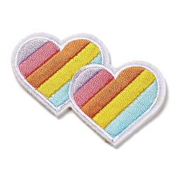 Doble corazón con apliques de rayas arcoíris., Tela de bordado computarizada para planchar / coser parches, accesorios de vestuario, colorido, 56x68x1mm