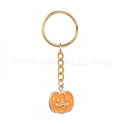 Halloween, porte-clés émail alliage, avec fermoir clé en fer, jack-o'-lantern citrouille, or, orange, 70mm