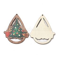 Grandi pendenti in legno stampato natalizio a faccia singola, ciondoli a goccia con albero di Natale, verde, 54x44.5x2.5mm, Foro: 1.8 mm