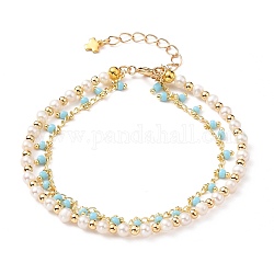 Multi-strand Bracelets, with Brass Beads & Curb Chains & Spring Ring Clasps, Glass Beads, Natural Pearl Beads and 304 Stainless Steel Cross Charms, Golden, Light Blue, 7-3/8 inch(18.8cm)