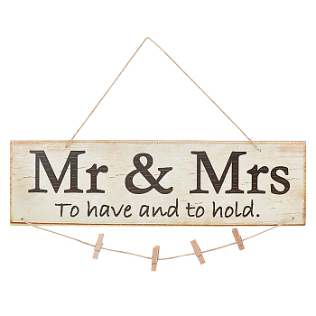 AHADERMAKER Wooden Mr & Mrs Hanging Sign Wall Decorations Sign BurlyWood Mr & Mrs Photo Wall Wedding Hanging Board with Hemp String and Photo Pegs for Wedding Holiday Decor, 15.79×4.72×0.20 inch