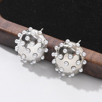 Полукруглые серьги-гвоздики из латуни и искусственного жемчуга ABS EJEW-M077-07P-1