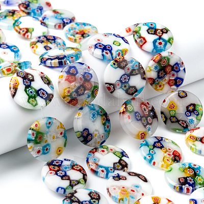 手作りミッレフィオーリガラスビーズ連売り 白磁 フラットラウンド 