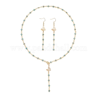 Комплекты из серег и ожерелий ручной работы с элементами лэмпворка от сглаза и латунной фурнитурой SJEW-JS01350-02-1