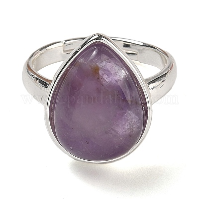 Регулируемые кольца из натурального аметиста в виде капли RJEW-K371-08S-15-1
