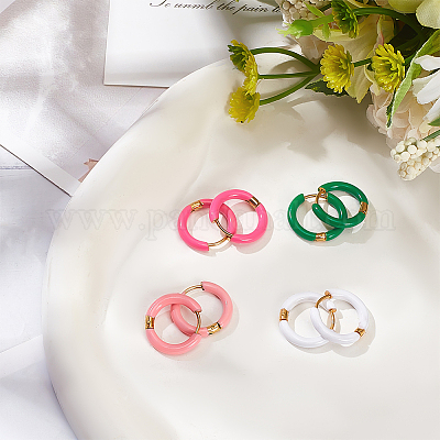 4 пара двухцветных серег-колец Huggie Hoop из нержавеющей стали 304 с покрытием из настоящего 4-каратного золота и эмалью EJEW-AN0004-69-1