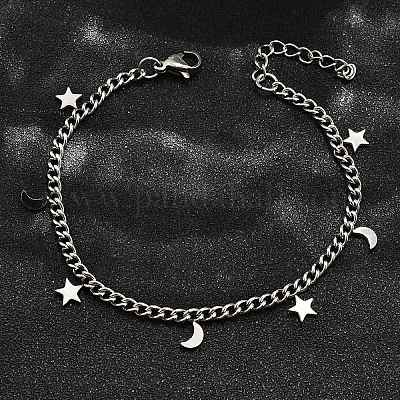 Браслеты с подвесками в виде луны и звезд из нержавеющей стали 304 BJEW-R021-05P-1