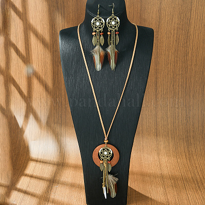 Плетеная сетка/паутина с перьевым сплавом и комплекты из дерева и сережек FS-WG8596C-01-1