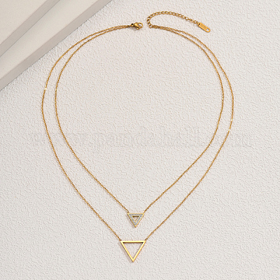Двухслойные ожерелья из нержавеющей стали 201 с полым кулоном в форме перевернутого треугольника для женщин KA5350-1