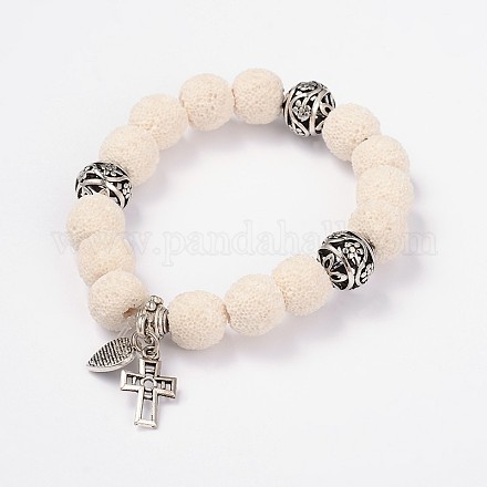 Cross & Heart Lava Rock Beads Charm Stretch Bracelets BJEW-D322-02-1