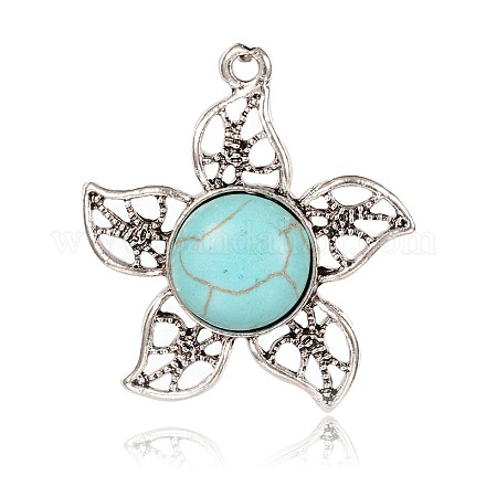 Flower Alloy Synthetic Turquoise Pendants PALLOY-I115-65AS-1