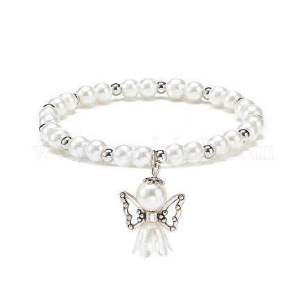 Braccialetto elasticizzato con perline in vetro e plastica imitazione perla con fascino fatato in lega per le donne BJEW-JB08704-1