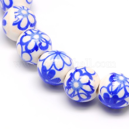 Handmade Flower Printed Porcelain Ceramic Beads Strands PORC-M006-8mm-05-1