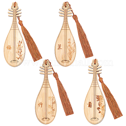 Nbeads 4pcs4スタイル古代楽器ピーパ中国風ブックマークタッセル付き本好き  漢字と刻まれた竹のしおりを描く  バリーウッド  混合模様  120.5x39.5x2.3mm  1個/スタイル AJEW-NB0002-72-1