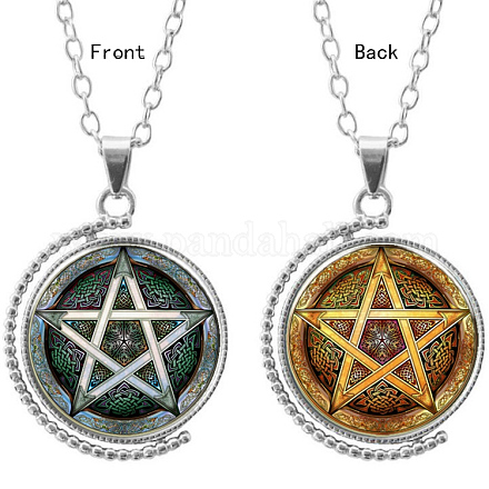 Double-sided Picture Glass Rotatable Pentacle Pendant Necklaces NJEW-F200-33P-1