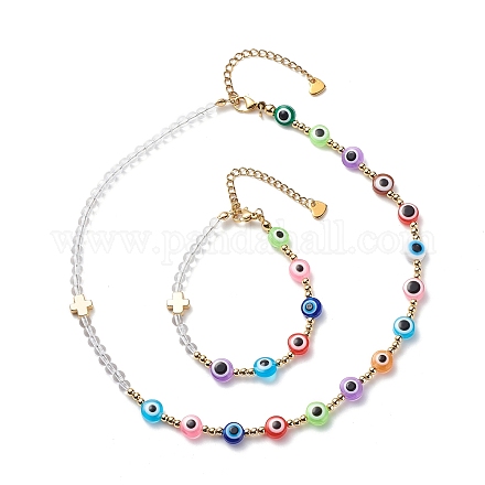 Bracelet et collier en perles de mauvais œil en cristal de quartz naturel et résine SJEW-JS01253-1