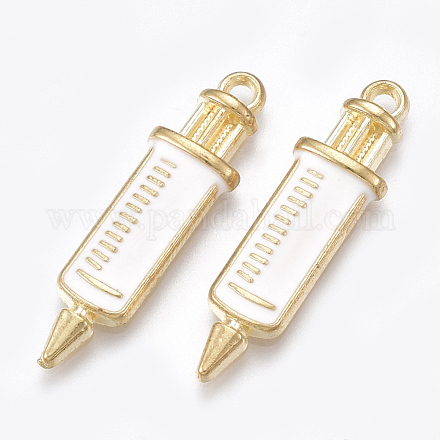 合金ペンダント  カドミウムフリー＆鉛フリー  エナメル  注射器の形状  ライトゴールド  乳白色  30x8x2.5mm  穴：1.5mm ENAM-S115-057-1