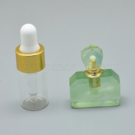 多面的な天然蛍石の開閉可能な香水瓶ペンダント  真鍮のパーツとガラスのエッセンシャルオイルのボトル  35x28x12.5mm  穴：1.2mm  ガラス瓶容量：3ml（0.101液量オンス）  宝石の容量：1ml（0.03液量オンス） G-E556-16A-1