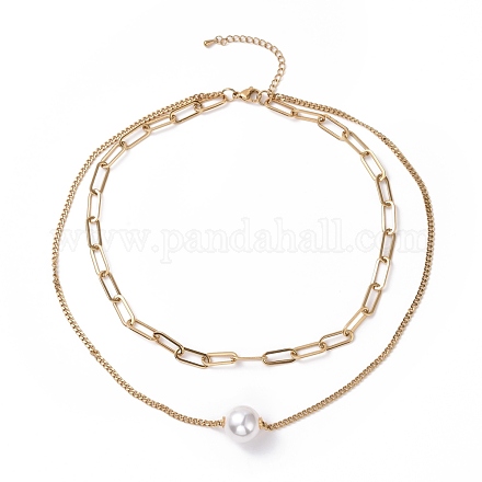 Vakuumbeschichtung 304 Doppelketten aus Edelstahl Mehrschichtige Halsketten Halskette mit Kunststoffperlen für Frauen STAS-E155-01G-1