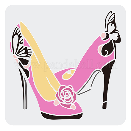 FINGERINSPIRE High Heel Stencil 30x30cm Women Shoe Template with Rose Flower Butterfly Pattern DIY-WH0172-816-1